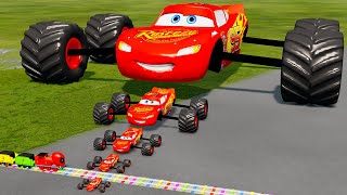 Big amp Small Wide Wheels Lightning McQueen Monster Truck VS Deadpool the Train  BeamNGDrive [upl. by Levine237]