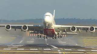 CROSSWIND LANDINGS during a STORM at Düsseldorf  Airbus A380 Cessna Jet gets thrown around 4K [upl. by Una313]