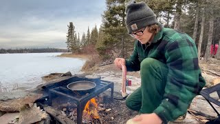 Wilderness Hot Tent Winter Camping Catching Fish And Eating Them [upl. by Bondie174]