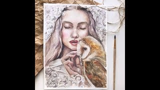 Watercolor Speedpaint  Girl amp Owl by Kira Balan [upl. by Elsi]