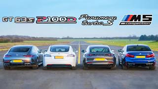 Tesla Model S v AMG GT 4 v BMW M5 v Porsche Panamera Turbo S  DRAG RACE ROLLING RACE amp BRAKE TEST [upl. by Oliva]