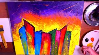 Colorful City Abstract Painting  Beginners  Acrylics  Creating Textured Skies With Random Tools [upl. by Selrahcnhoj299]