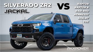 Silverado ZR2 Jackal Compared to Raptor R Ram RHO  TRX Shelby and Hennessey [upl. by Bentlee]