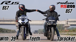 Bajaj Pulsar RS200 BS7 with 39 Teeth Sprocket vs Yamaha R15M 2024 Drag Race [upl. by Alleyne]