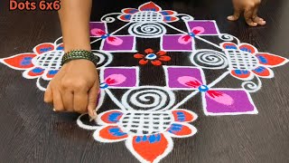 6x6 Dots Diwali 🎇 special rangoli designs  simple dots muggulu  easy flowers festival kolams [upl. by Couture]