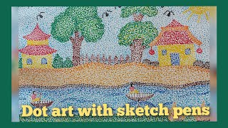 Landscape drawing using dots dot art pointillism art  stippling art dot art using sketch pens [upl. by Notnert]