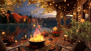 Autumn Ambience by the Lake🍁Cozy Porch with Rain Sounds fall leaves amp Crackling Fireplace [upl. by Eugor]