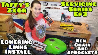 Taffys ZX6R Servicing Series  EP3 Lowering Links Install  New Chain amp Sprockets [upl. by Milla554]