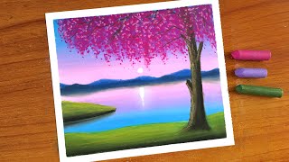 Oil Pastel Spring Scenery Painting for beginners  Oil Pastel Drawing Cherry Blossom [upl. by Skurnik]