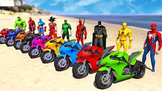 MOTORCYCLES Jump Over The Racing Challenge on Beach Ramp with Spiderman Superheros Cars Race  GTA 5 [upl. by Nigen]