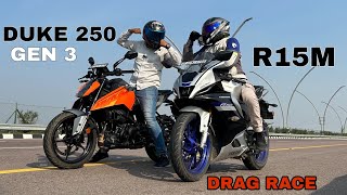 all new 2024 ktm duke 250 gen 3 vs yamaha r15m  race till their potential [upl. by Willcox]