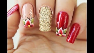 Diseño de uñas flores rojas  Red Flowers Nails design [upl. by Yenolem]