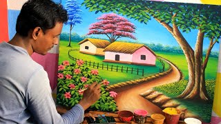 beautiful village scenery painting  nature drawing painting [upl. by Anertac]