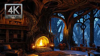 Inside the Enchanted Forest Treehouse Winter Ambience w Wind Blowing Falling Snow Crackling Fire [upl. by Suraved]