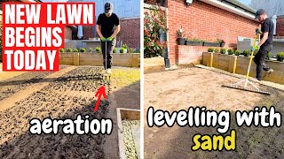 Levelling a NEW LAWN with SAND and AERATING it [upl. by Bouldon]