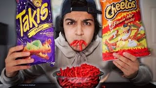 TAKIS amp HOT CHEETOS CHALLENGE EXTRA SPICY HE CRIES [upl. by Rikahs]