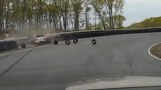 crash sends floating tire walls roll across track [upl. by Enomahs477]