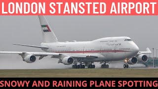 London Stansted Airport Plane spotting  SNOWY AND WET RUNWAY ACTION [upl. by Sklar]