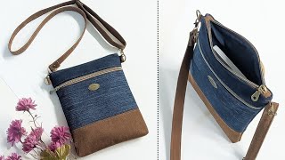 DIY Casual Plain Fabric and Denim Crossbody Bag Out of Old Jeans  Bag Tutorial  Upcycled Craft [upl. by Tullusus]