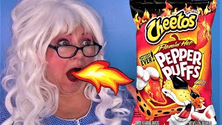 Cheetos Flamin Hot Challenge Pepper Puffs Crunch Cheesy Jalepeno Mexican Corn Granny McDonalds [upl. by Ennaeel881]