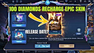 FREE EPIC SKIN 100 DIAMONDS RECHARGE EVENT RELEASE DATE MOBILE LEGENDS BANG BANG [upl. by Trevah]