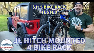 TESTED Amazons best BUDGET 115 Hitch mounted 4 Bike rack for a Jeep Wrangler JL [upl. by Ydnem]