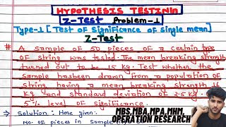 Hypothesis Testing Problems  Z Test amp T Statistics  One amp Two Tailed Tests 2  problem 1 [upl. by Arda288]