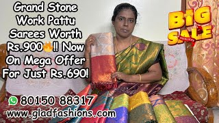 Grand Stone Work Pattu Sarees Worth Rs900🔥 Now On Mega Offer For Just Rs690 Only gladfashions [upl. by Anerrol]