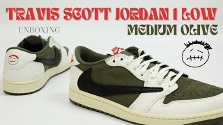 Travis Scott x Air Jordan 1 Low Medium Olive 🫒  Unboxing onfeet details [upl. by Elockcin624]