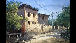 Watercolor painting tutorial  Light and Shadow in Village [upl. by Elletse649]