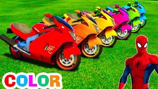 Colors Motorbike in Spiderman Cartoon Superheroes Cars and Colors for Kids w Nursery Rhymes Songs [upl. by Illom]