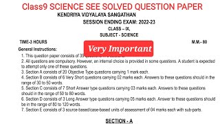 SEE CLASS9 KVS SCIENCE SOLVED QUESTION PAPER PYQ  FINAL EXAM SCIENCE QUESTIIN PAPER CLASS9 [upl. by Jared]