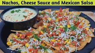 Nachos Cheese Sauce amp Mexican Salsa Recipe at Home  Jain Italian Style Snacks Cheesy Nachos [upl. by Yliram]