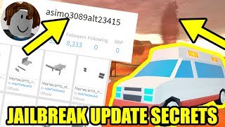 FINDING SECRET UPDATE INFO  ASIMO3089 SECRET ACCOUNT  Roblox Jailbreak [upl. by Nnylarac]