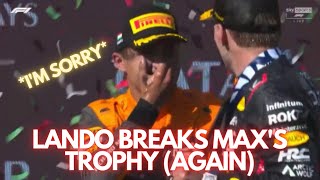 Hungarian Grand Prix 2023 PODIUM CELEBRATIONS • Lando Norris Champagne POP and breaks Maxs trophy [upl. by Walrath]