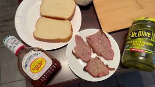 Game Day BBQ Tri Tip Sandwich  Barbecue Sauce Kosher Baby Dills White Onion amp Bread [upl. by Ardnu]