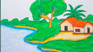 village sceneryvillage scenery drawingRiverside village scenery step by step [upl. by Aeresed]