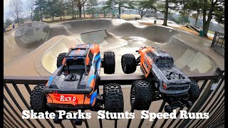 Traxxas MAXX 4S and Arrma Granite 4x4 3S BLX  Skate Parks Stunts and Speed Runs [upl. by Ohploda138]