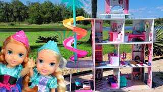 Playhouse  Elsa amp Anna toddlers visit Jasmine  LOL doll house of surprises  slide  pool [upl. by Barrada320]