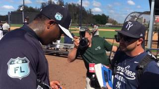 Aroldis Chapman almost hits prospect throwing BP signs autographs [upl. by Niasuh]