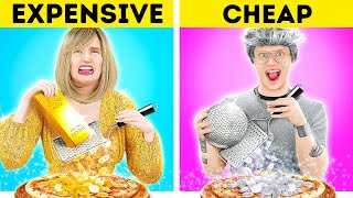 EATING EXPENSIVE vs CHEAP FOOD CHALLENGE  Cooking One Color Food For 24 HRS by 123 GO FOOD [upl. by Greyso]