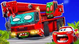 Big amp SmallMcQueen and Mater VS Crane MONSTER TRUCK ZOMBIE apocalypse Halloween in BeamNGdrive [upl. by Liakim]