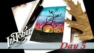 How to draw EASY Birds Silhouettes at Sunset Inktober Day 5 [upl. by Nelac349]