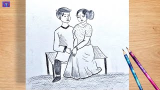 How to draw a girl and a boy sitting on a bench  couple drawing tutorial [upl. by Smaj]