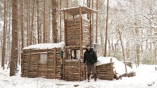 Bushcraft Camp in the Snow  Fire Shelter Axe Cooking Fish [upl. by Sinclair]