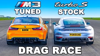 750hp BMW M3 v Porsche 911 Turbo S DRAG RACE [upl. by Shimberg]