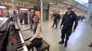 Boogie Woogie Queen Rocks The Public Piano [upl. by Buddie]