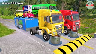 Double Flatbed Trailer Truck vs speed bumpsBusses vs speed bumpsBeamng Drive981 [upl. by Aissatan]