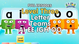 BacktoSchool  Alphablocks Level Three  Letter Teams  AI EE IGH OO  FULL EPISODES [upl. by Melony]