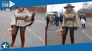 Carol Vorderman shows off hourglass figure in leather at Cheltenham [upl. by Rhodia]